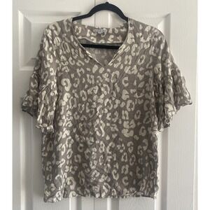 Mary Square Womens Small Tan Wildly Wonderful Flutter Sleeve Blouse Leopard